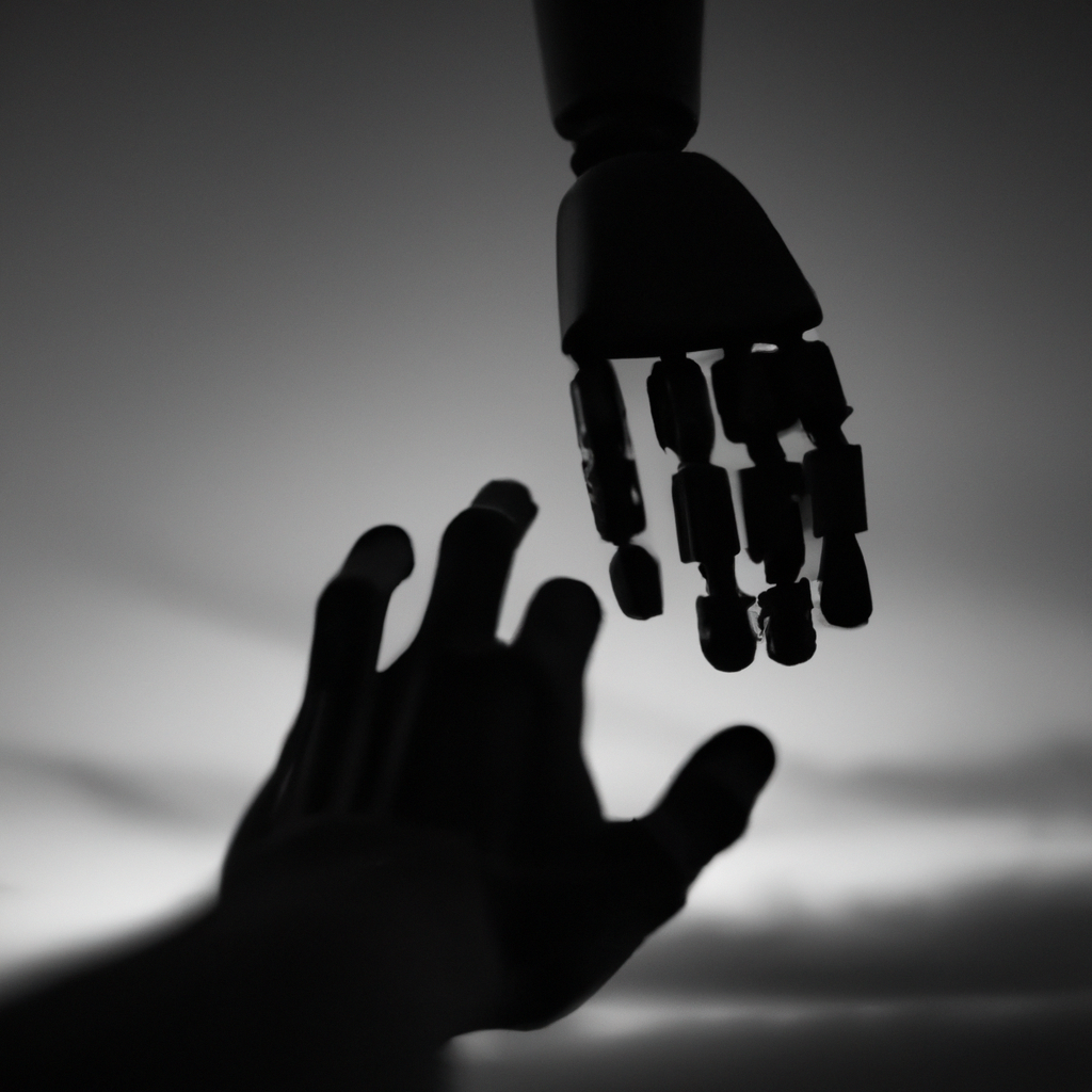 A dramatic, high-contrast black and white photo of a human hand and a robotic hand reaching towards each other, with a faint hint of the dawn breaking in the background.