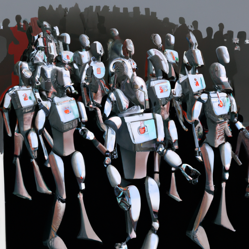 A digital art illustration of a crowd of humanoid robots marching forward, with a mixed group of people – some curious, some fearful, and some defiant – standing in their path.