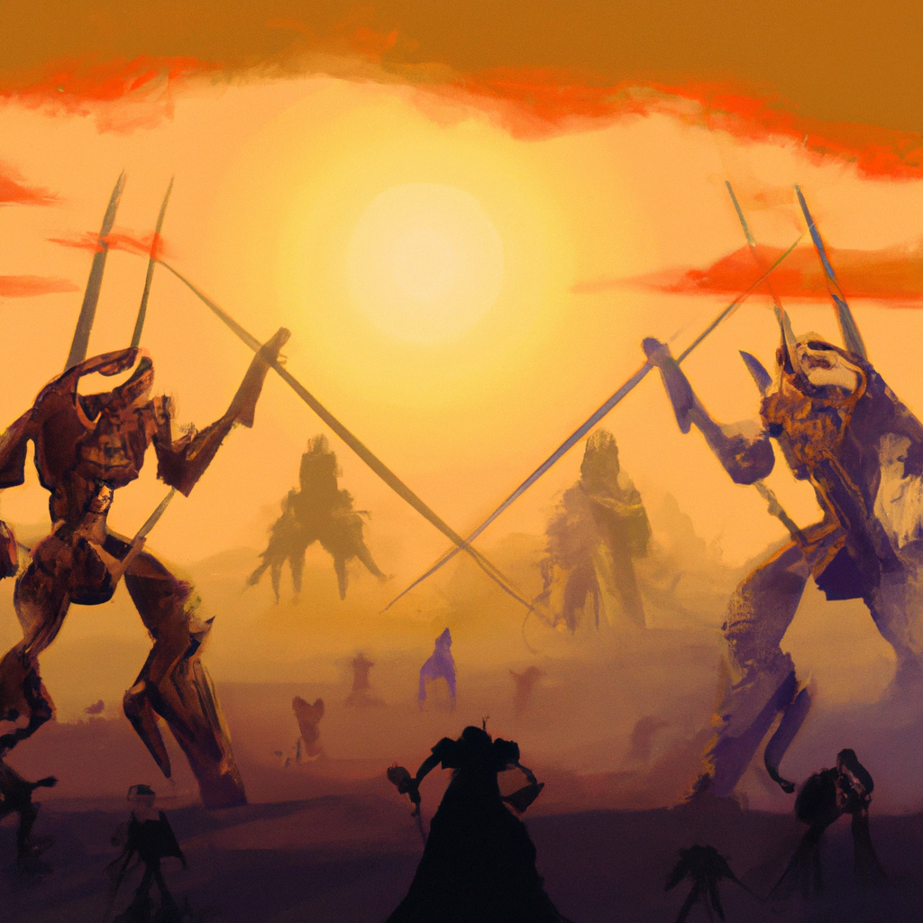 A dramatic illustration of towering metallic robots clashing with determined human soldiers on a battlefield, with a smoky, sunset backdrop.