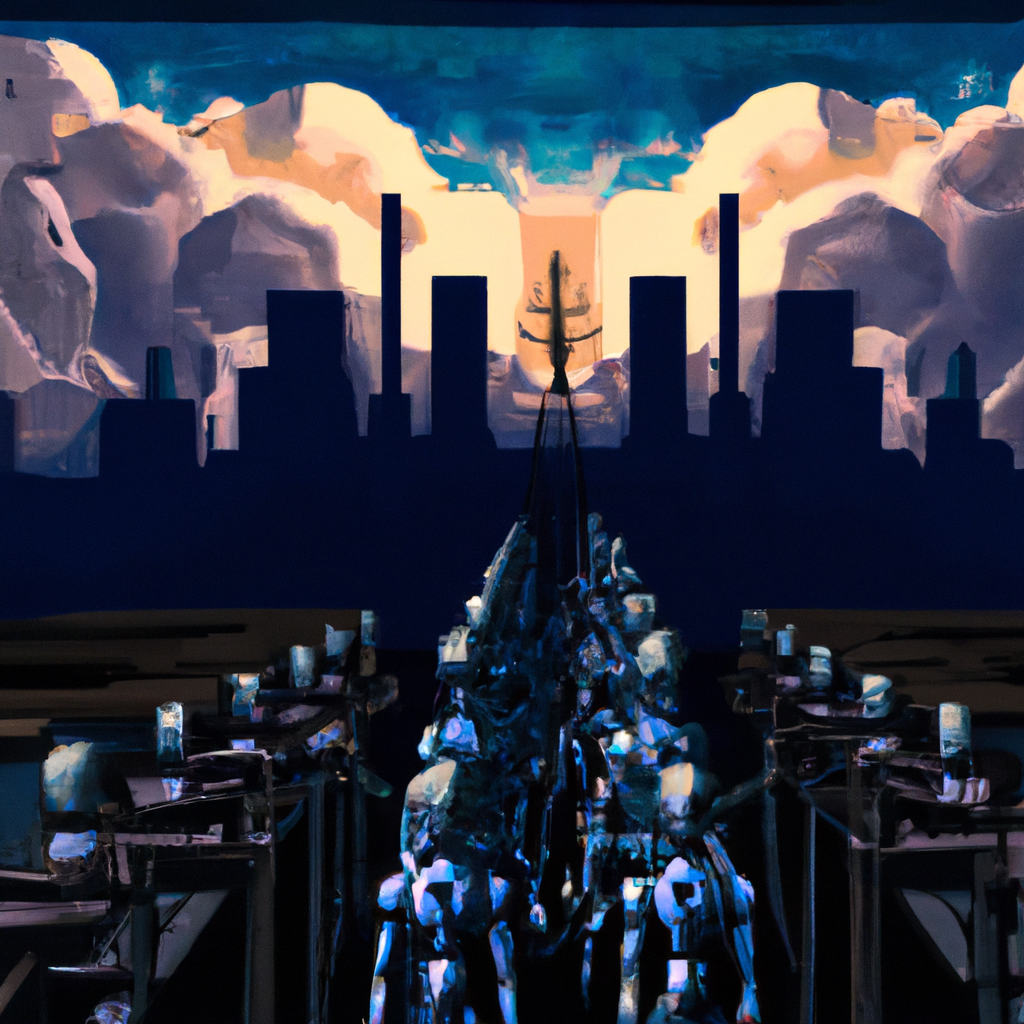 A dramatic digital illustration of a cityscape at dusk, with humanoid robots in various stages of assembly rising from production lines amidst towering skyscrapers, all under a sky filled with foreboding clouds.