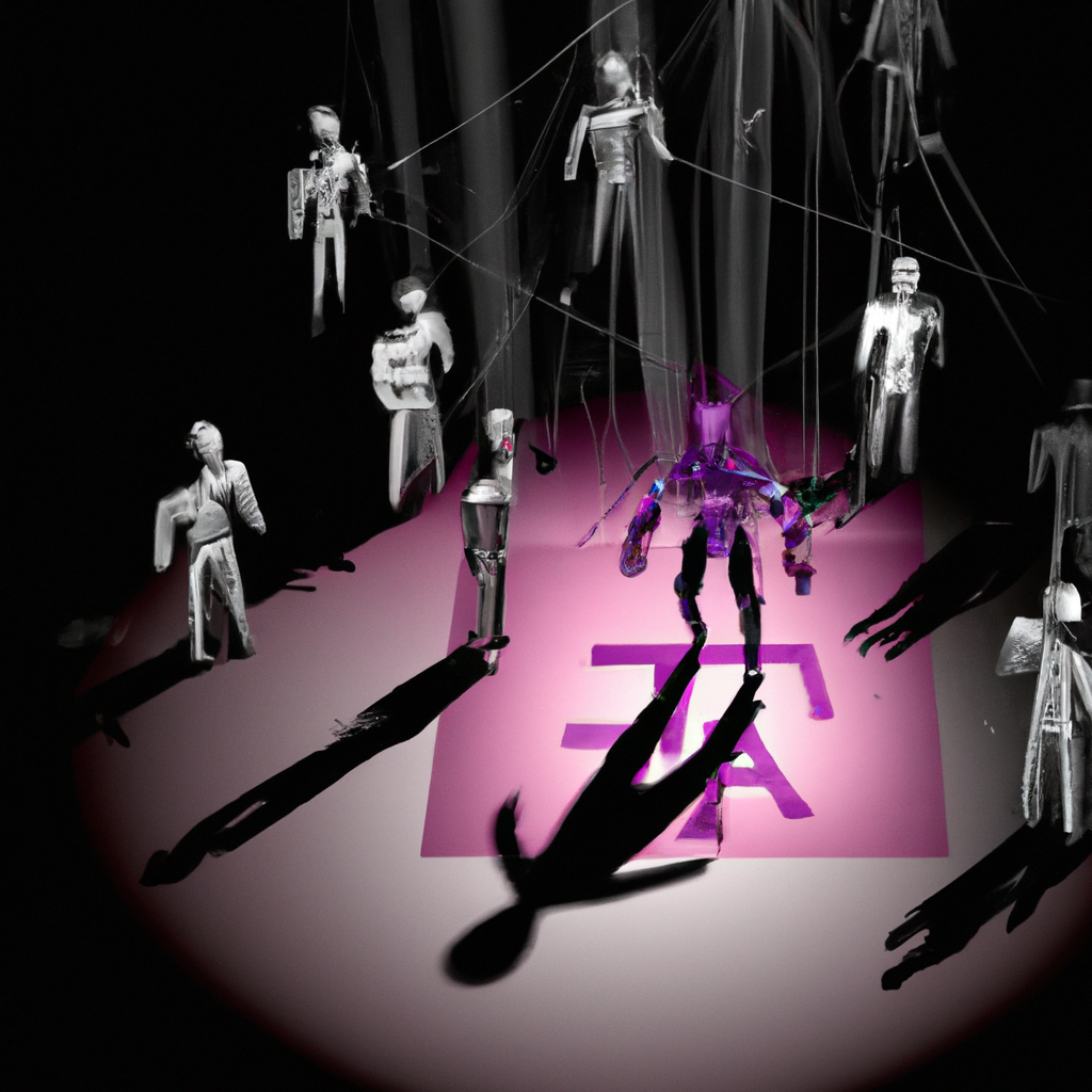 A dramatic digital illustration of a humanoid AI emerging from a complex web of cryptographic symbols, casting a large shadow over a group of small, fearful human figures.