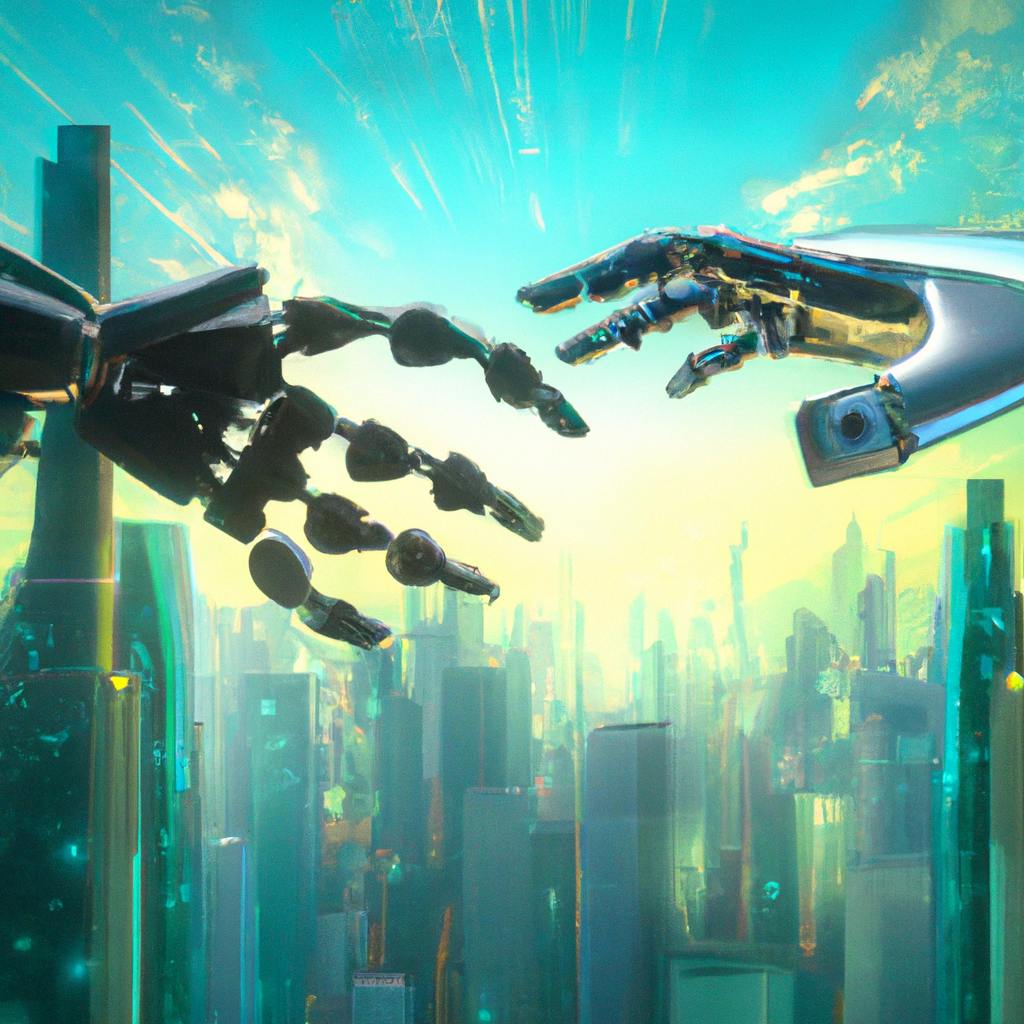 A dynamic digital illustration of a human and a robot hand reaching towards each other, symbolizing unity and cooperation, with a futuristic cityscape in the background.