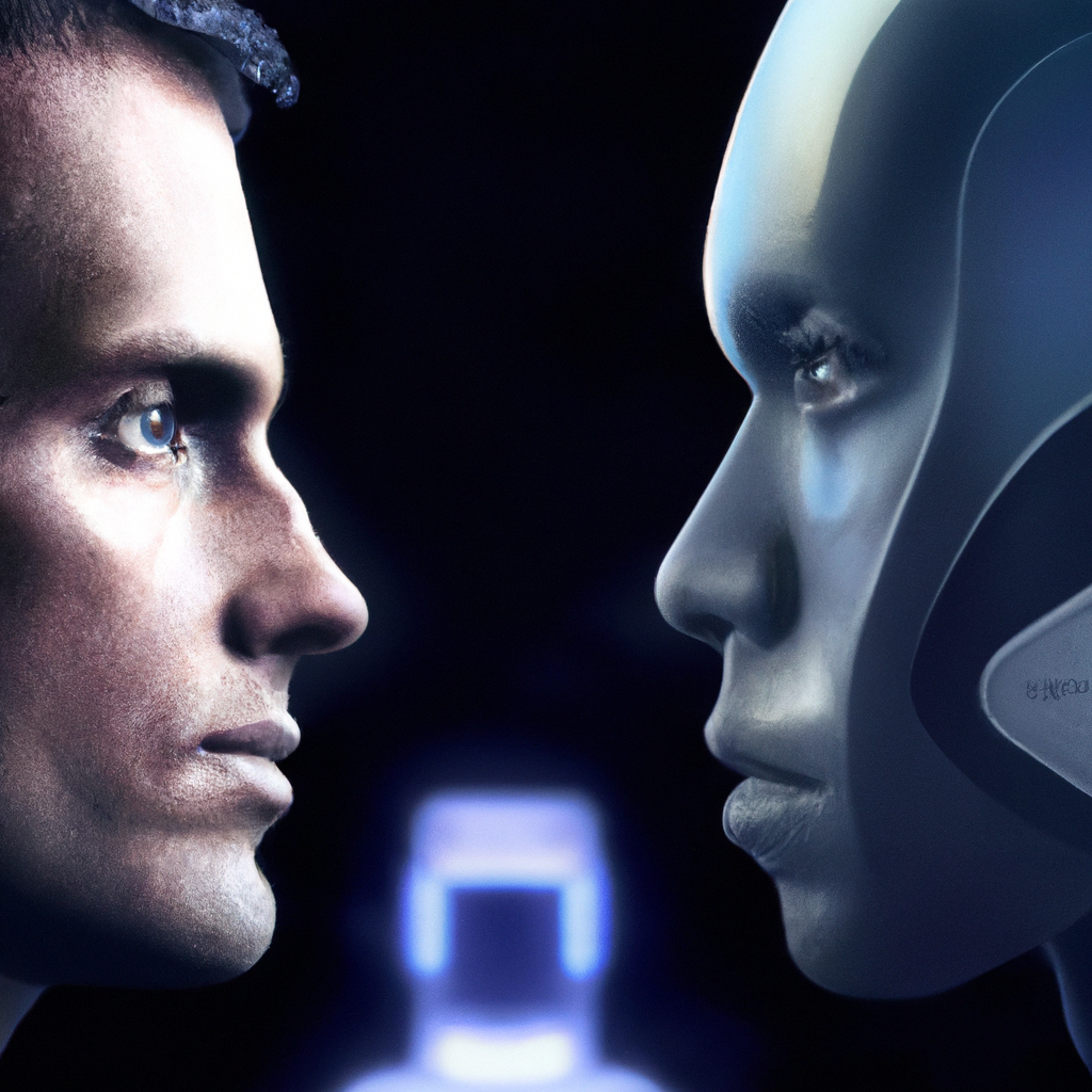 A striking digital illustration of a determined man in a futuristic setting, face-to-face with a humanoid robot showcasing empathetic facial expressions.