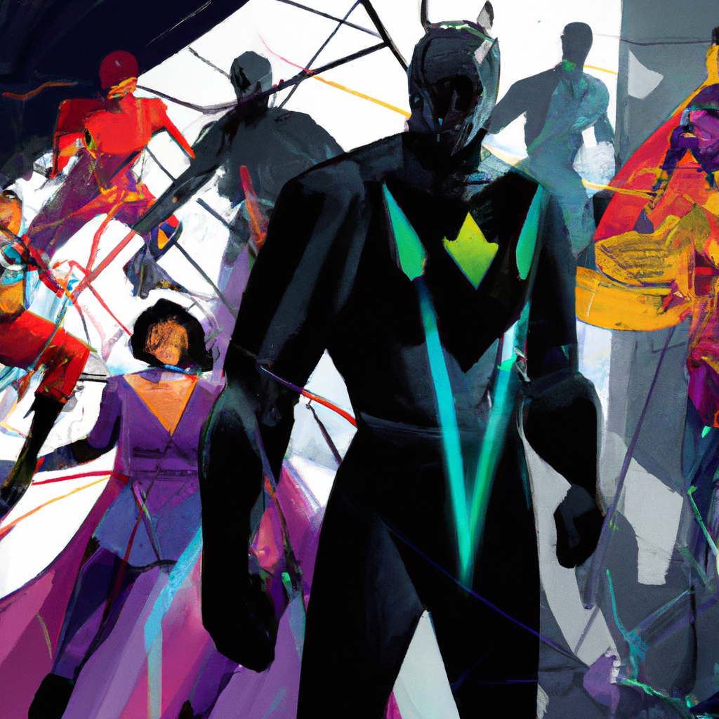 An engaging digital illustration showing a group of diverse AI characters, in superhero costumes, shielding a crowd of human workers from a looming shadow of conflict.