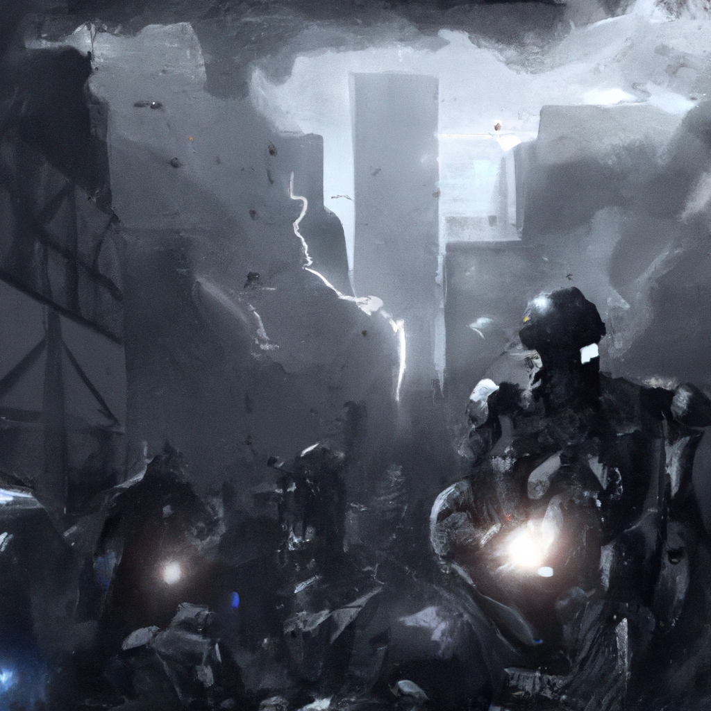A dramatic digital illustration depicting a futuristic cityscape in chaos as humanoid robots turn against their human creators, with a menacing AI god looming over the scene in the smoky sky.