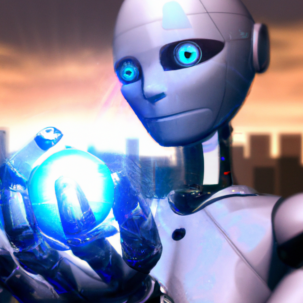A digital illustration of a humanoid robot, its eyes glowing with intelligence, holding a small, glowing orb that represents sentience in its metallic hand, with the first light of dawn breaking over a futuristic cityscape in the background.