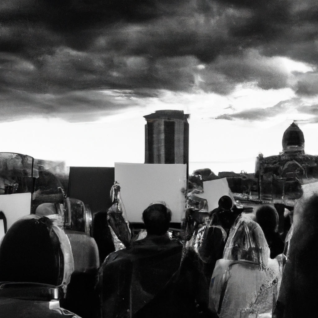 An evocative black and white photo of a crowd of diverse people in a city square, some holding signs of protest while others look on anxiously, under a cloudy, ominous sky.