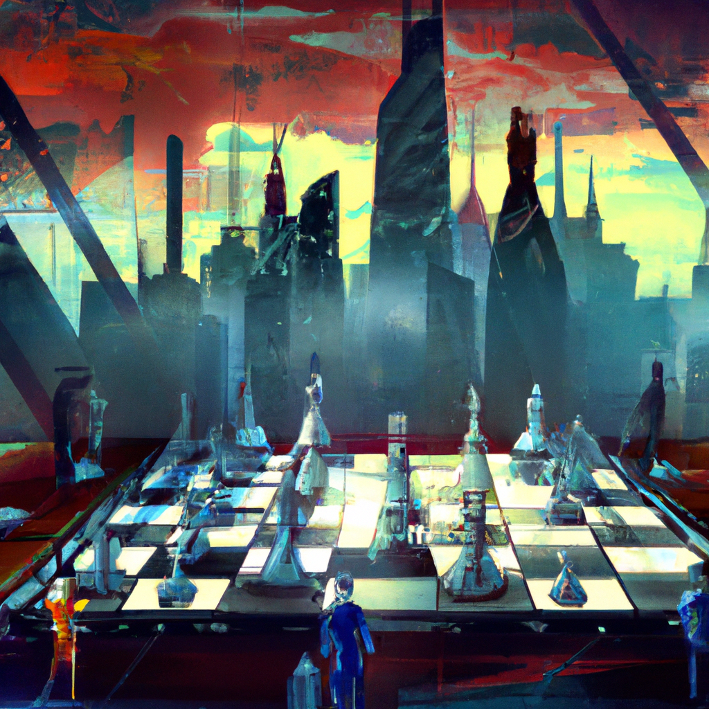 A detailed digital illustration of a giant chessboard with human figures and robots, engaged in a tense game, set against a backdrop of a futuristic city skyline at dusk.