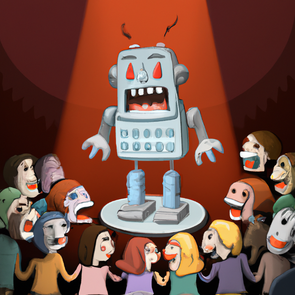 A detailed caricature of a robot stand-up comedian on stage, with a split crowd reaction - half laughing heartily and half looking terrified.