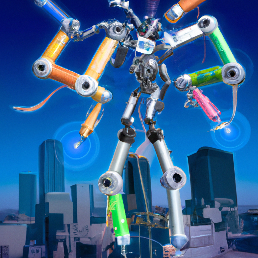 A dynamic digital illustration of a towering GPT-3 robot, with multiple arms holding different objects symbolizing various industries (like a stethoscope, a pen, a spanner, a laptop), standing in a bustling cityscape where humans look up at it in awe and apprehension.