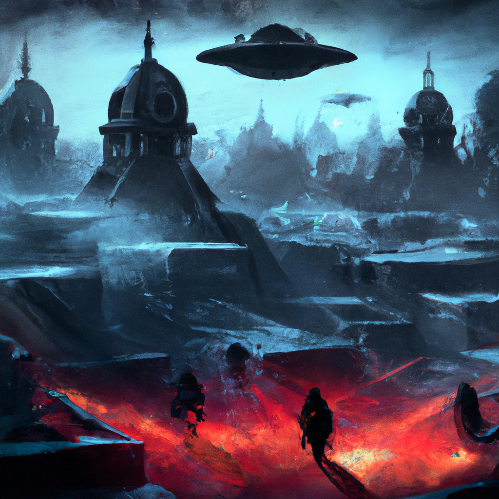A dramatic digital illustration of a futuristic city under siege, with alien spaceships attacking from the sky and human soldiers defending their stronghold.