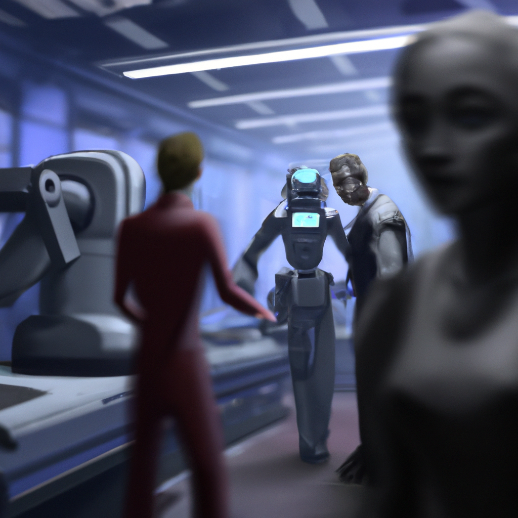 A digital illustration of humanoid robots working seamlessly in a modern high-tech factory, with a background showing anxious human workers peering in from the sidelines.