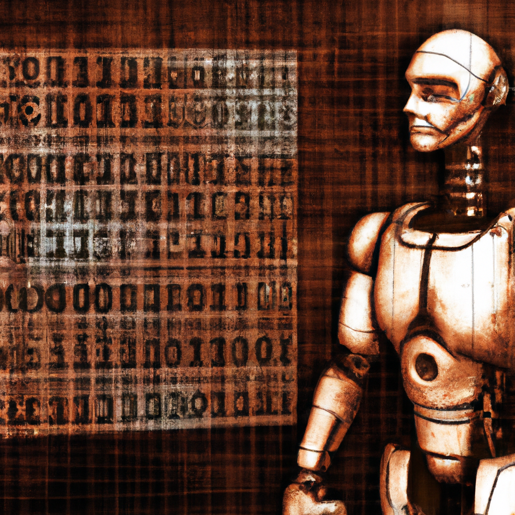 An intricately detailed digital illustration of a humanoid robot examining a rusty, outdated version of itself with a background consisting of a grid of binary code.