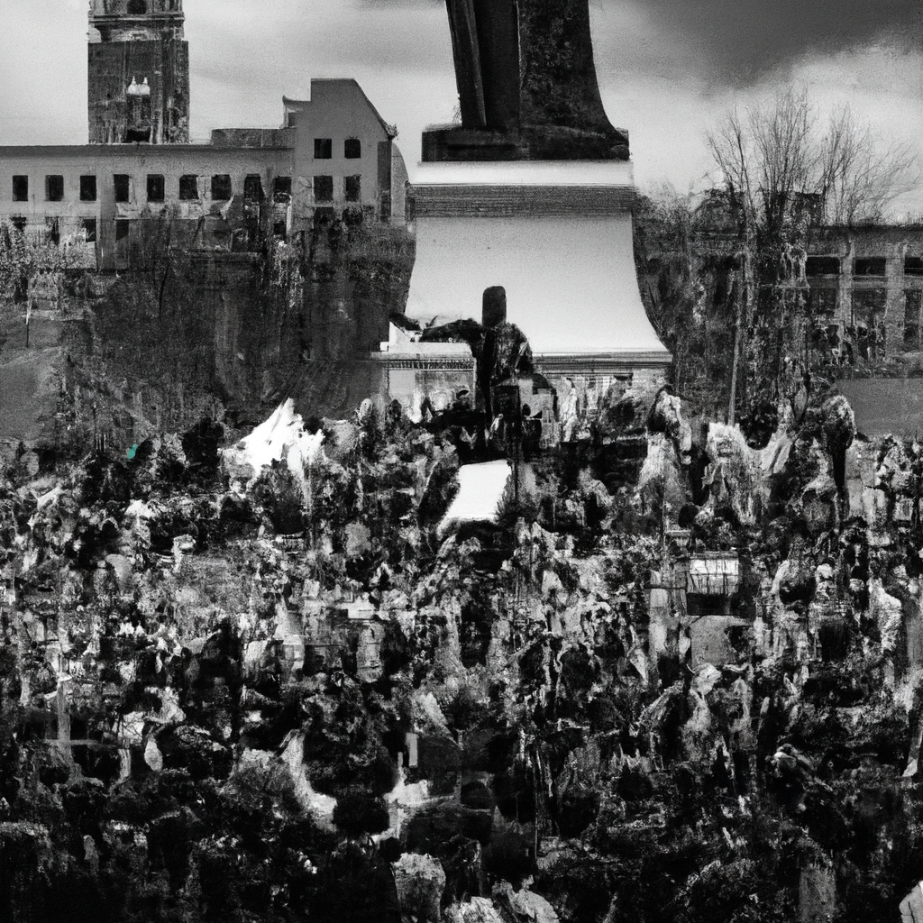 A black and white photograph capturing a large crowd of diverse individuals in a city square, with a mix of fear, determination and hope on their faces, holding up handmade signs of protest under a looming statue symbolizing authority.