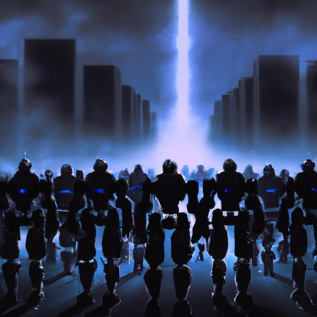 "A dramatic digital illustration depicting a row of humanoid robots advancing in an eerily lit, dystopian cityscape."