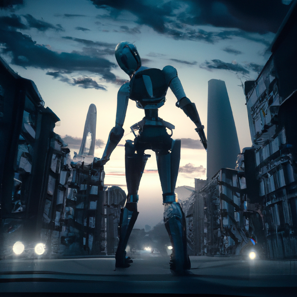 A dramatic digital illustration of a humanoid robot stumbling on a city street while humans around it take advantage, with a skyline filled with futuristic AI-inspired architecture in the background.
