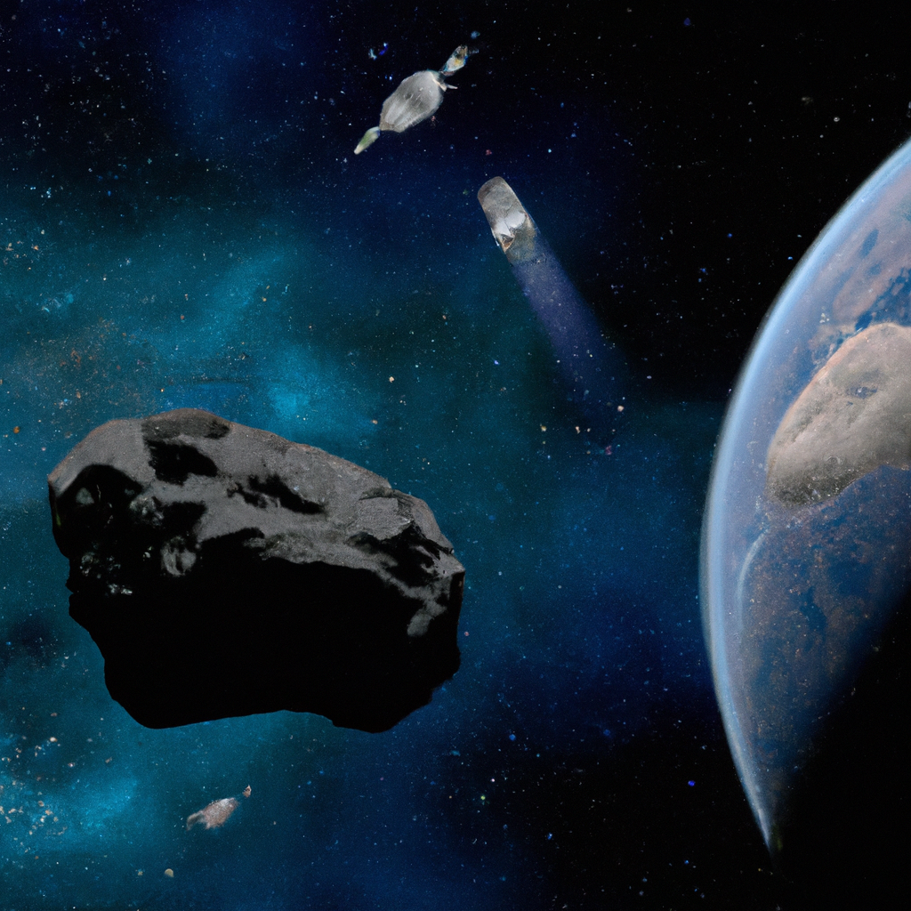 A striking digital illustration of a massive asteroid hurtling towards earth with a small, high-tech spacecraft preparing to intercept it, set against the backdrop of outer space.