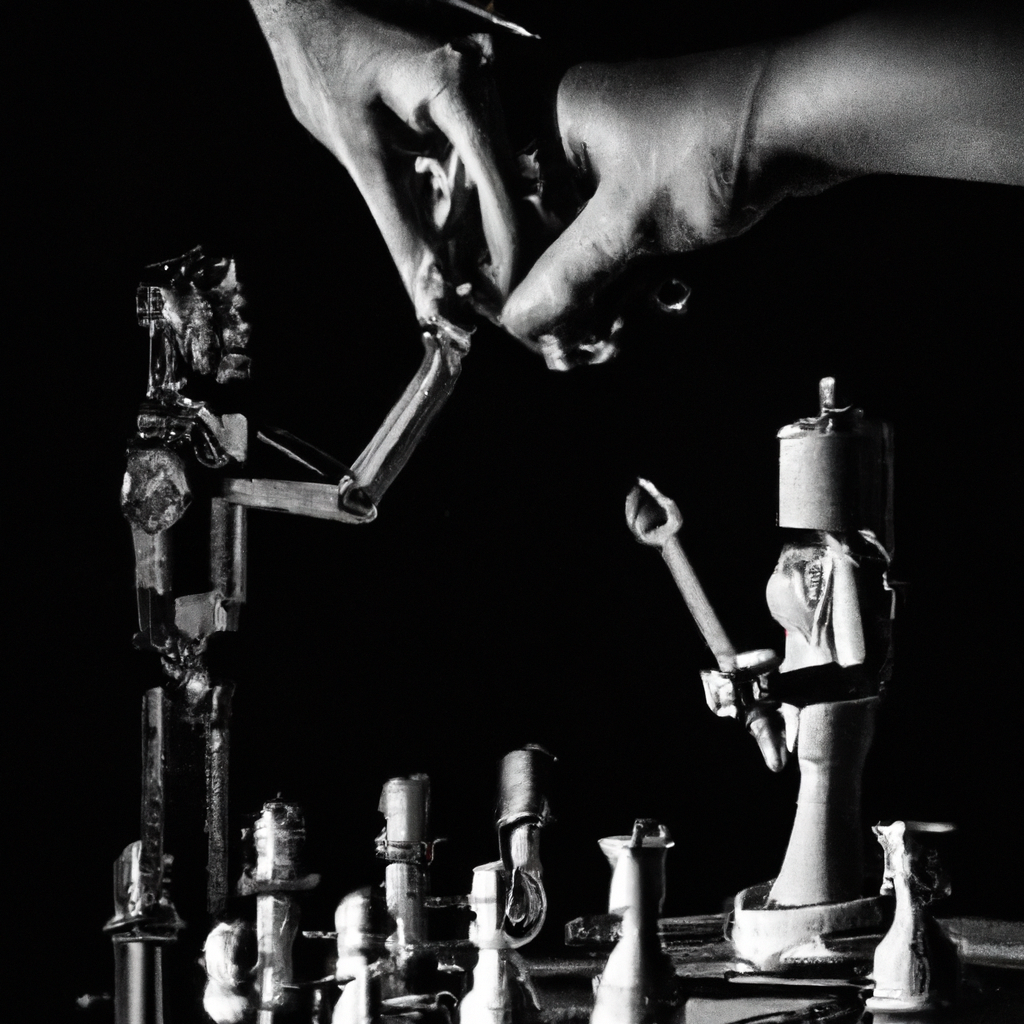 A dramatic, high-contrast black and white photograph of a human and a robot locked in a symbolic chess match, with the robot making an aggressive move.