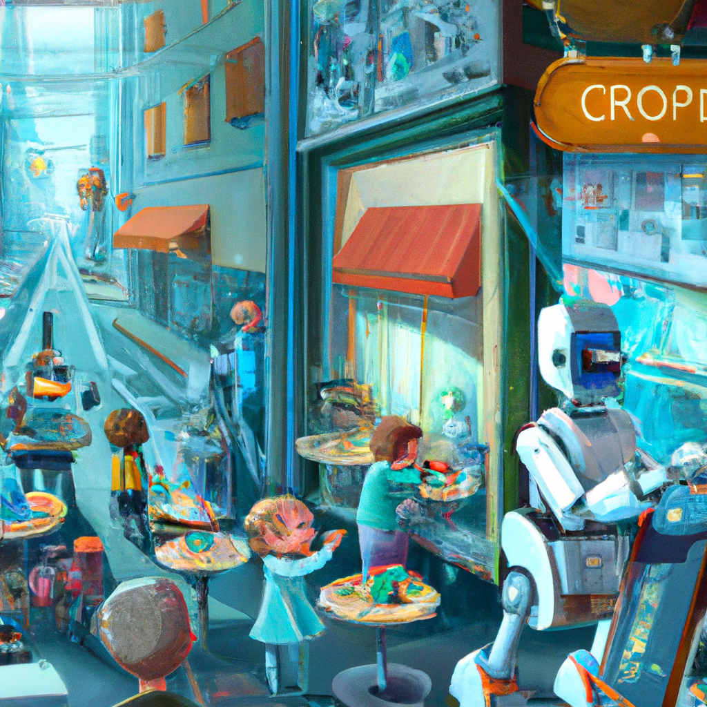 A detailed digital illustration of a futuristic cityscape where robots are seamlessly integrated into daily life, with humans and robots interacting in various scenarios such as a robot barista serving coffee, a robot policeman directing traffic, and a humanoid robot teaching a classroom full of children.