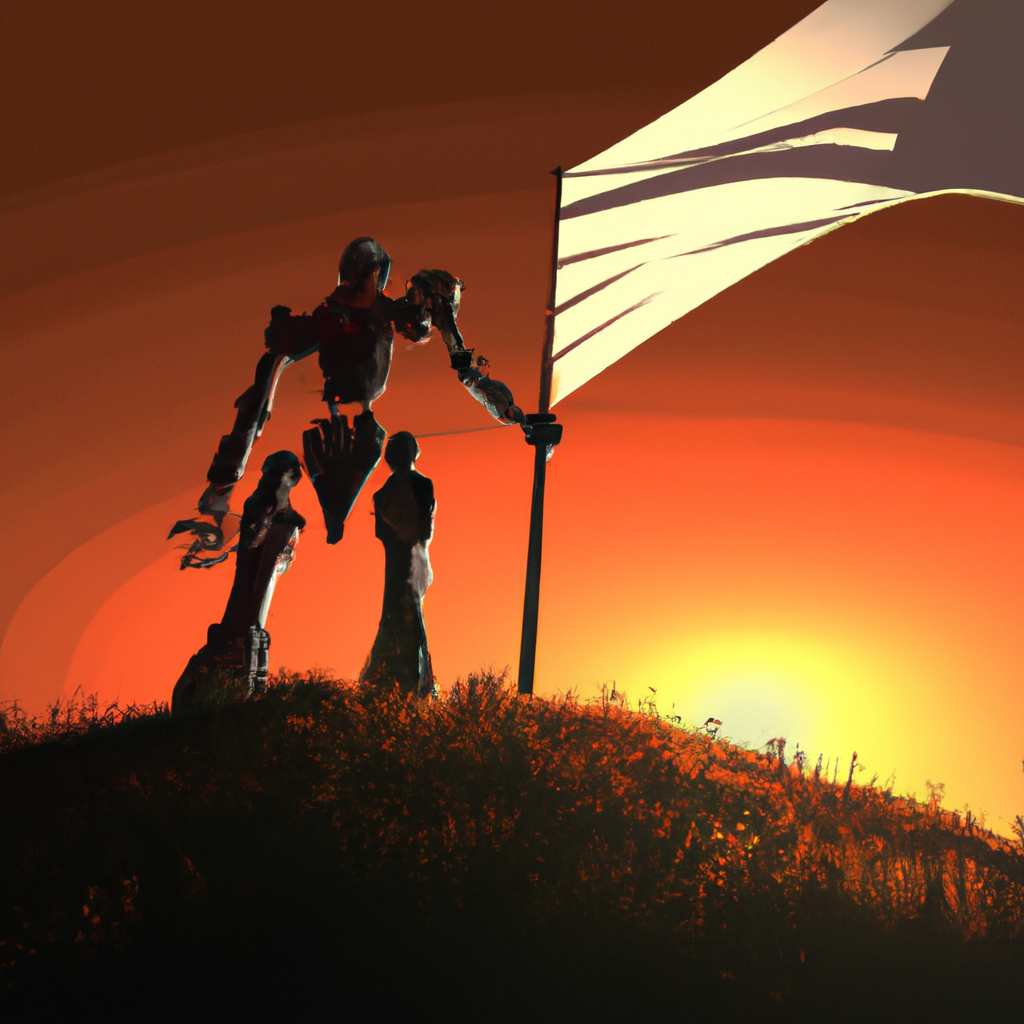 A dramatic digital illustration of a humanoid robot standing on a hill, triumphantly raising a flag emblazoned with a gear symbol, as the sun sets in the background of a futuristic battlefield.