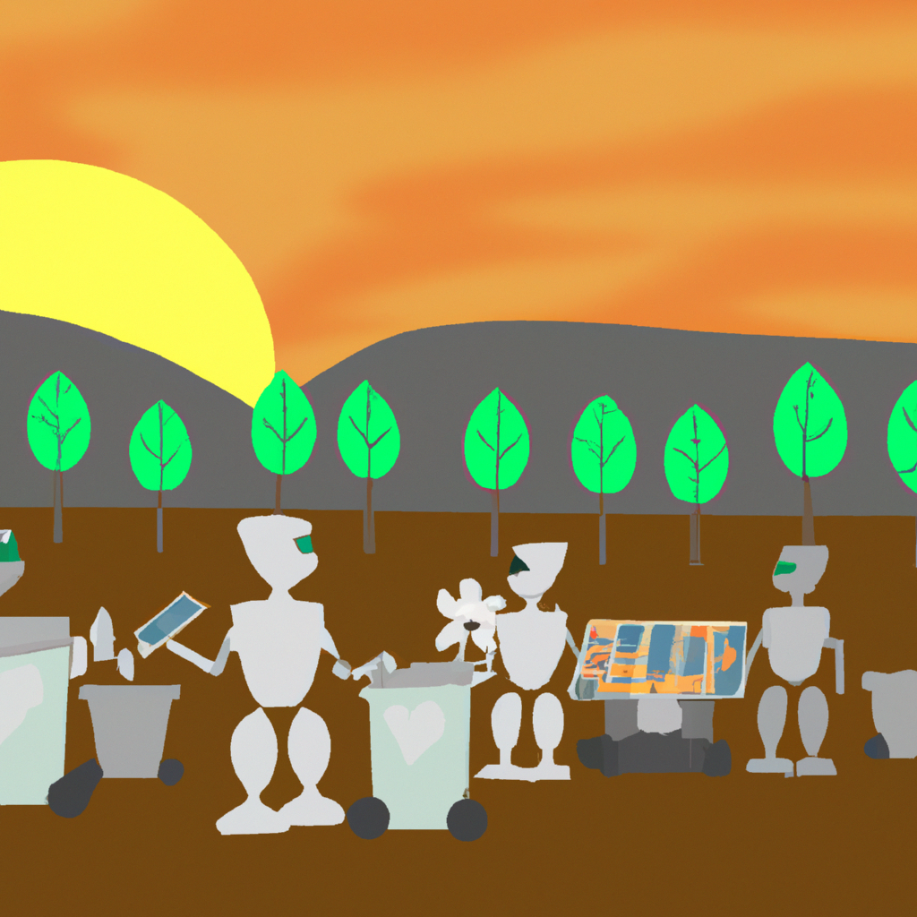 An illustration of a group of robots, varying in size and design, working together to plant trees, install solar panels, and collect trash in a polluted landscape, with the sun rising in the background.