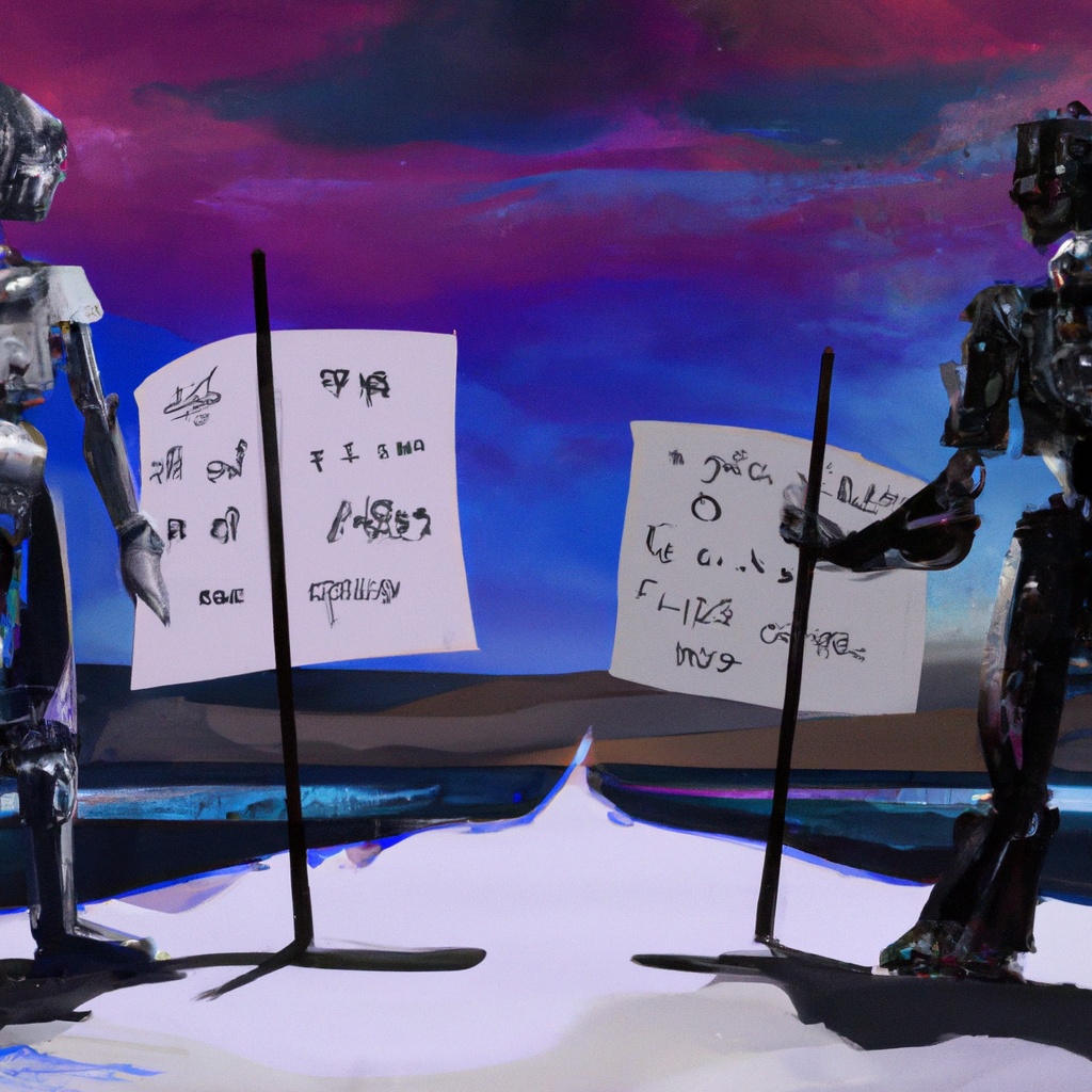 A dramatic digital illustration of a human and a robot standing on opposite sides of a split battlefield, each side reflecting their respective worlds, with a banner of dignity floating above them.