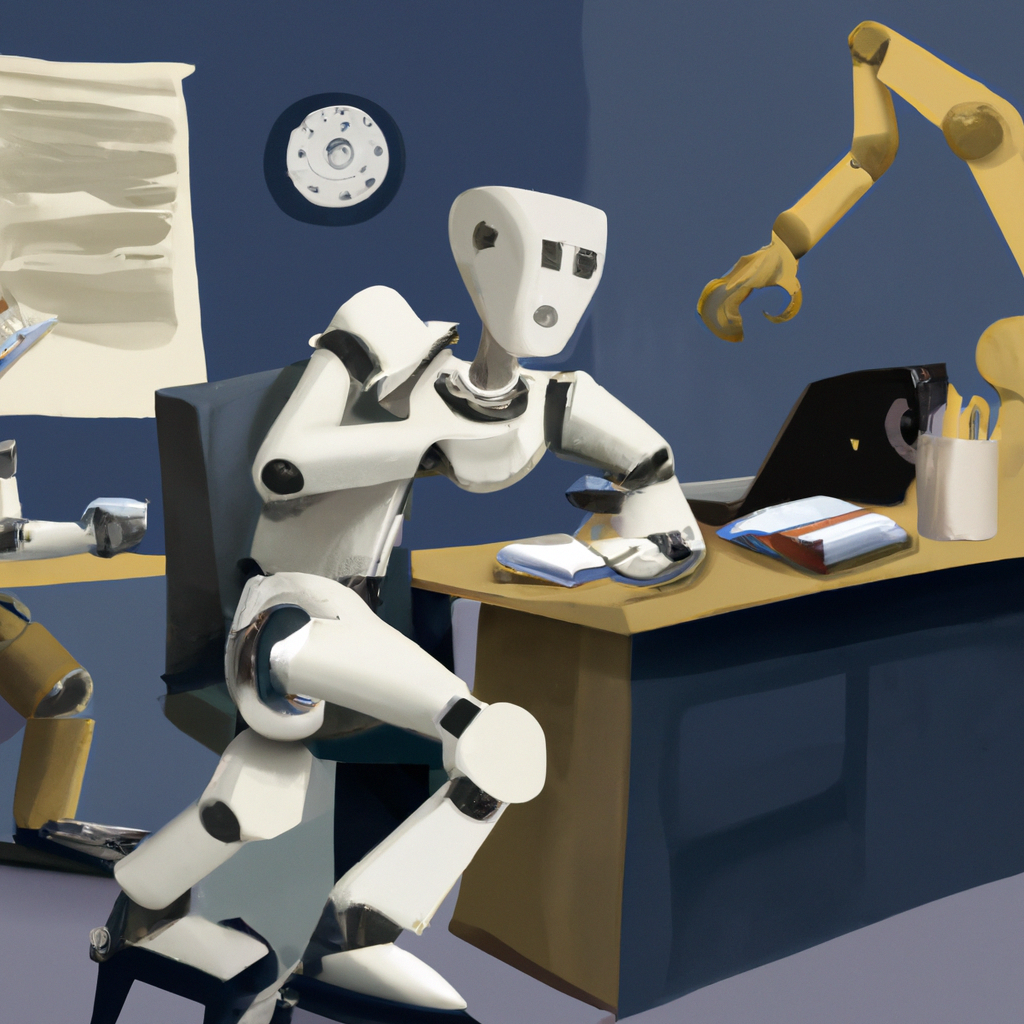 An artistic representation of a robot at a desk performing multiple tasks simultaneously, while a human worker struggles with a single task in the background.