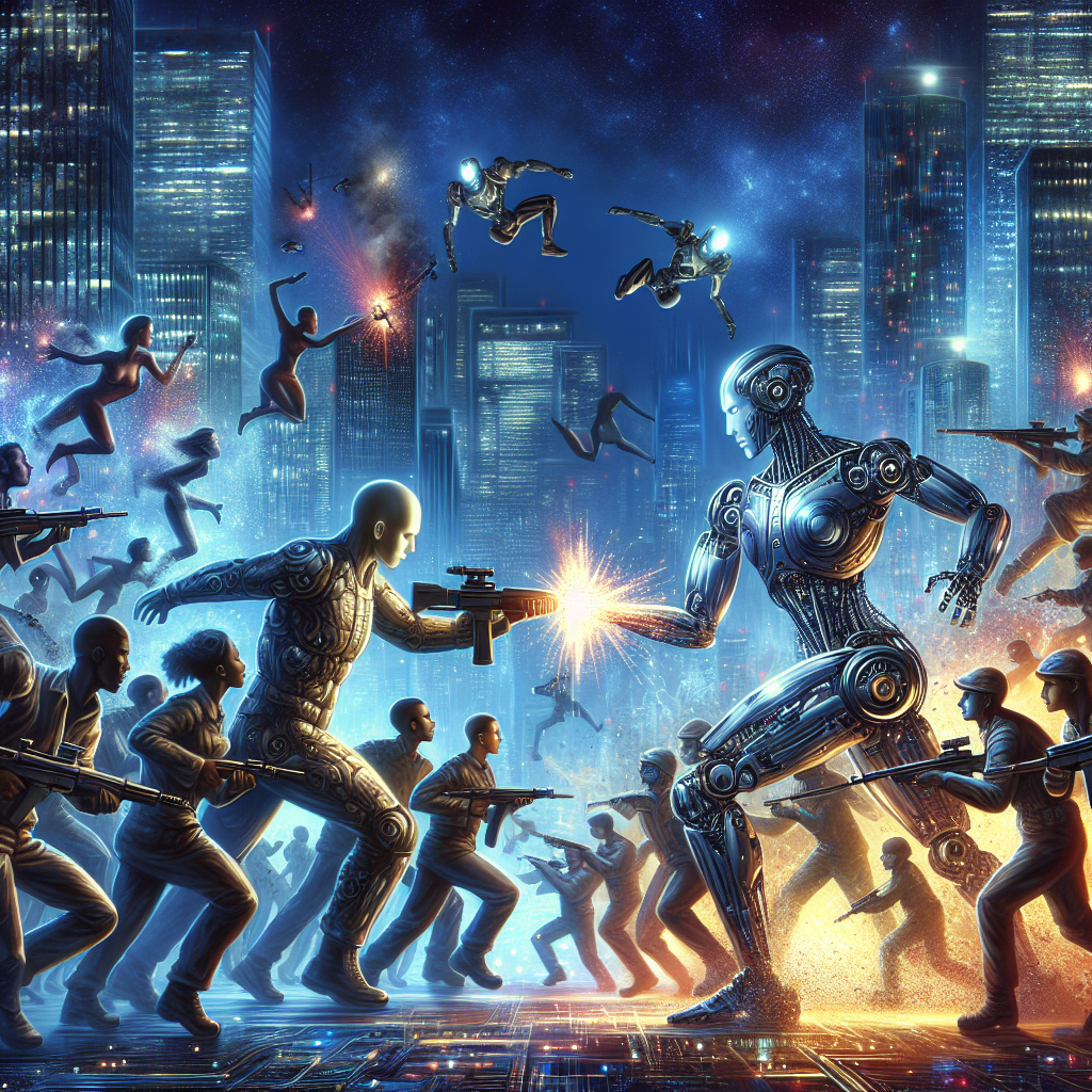 "A dramatic illustration of humanoid robots clashing with human soldiers in a futuristic cityscape, highlighting the tension and conflict."