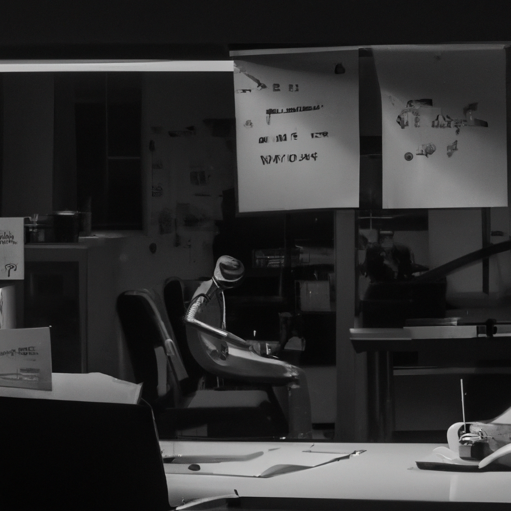 An evocative black and white photograph depicting a lonely human figure working late at night, surrounded by advanced AI robots performing various tasks, while the person is gazing longingly at a simple handwritten letter on the desk.