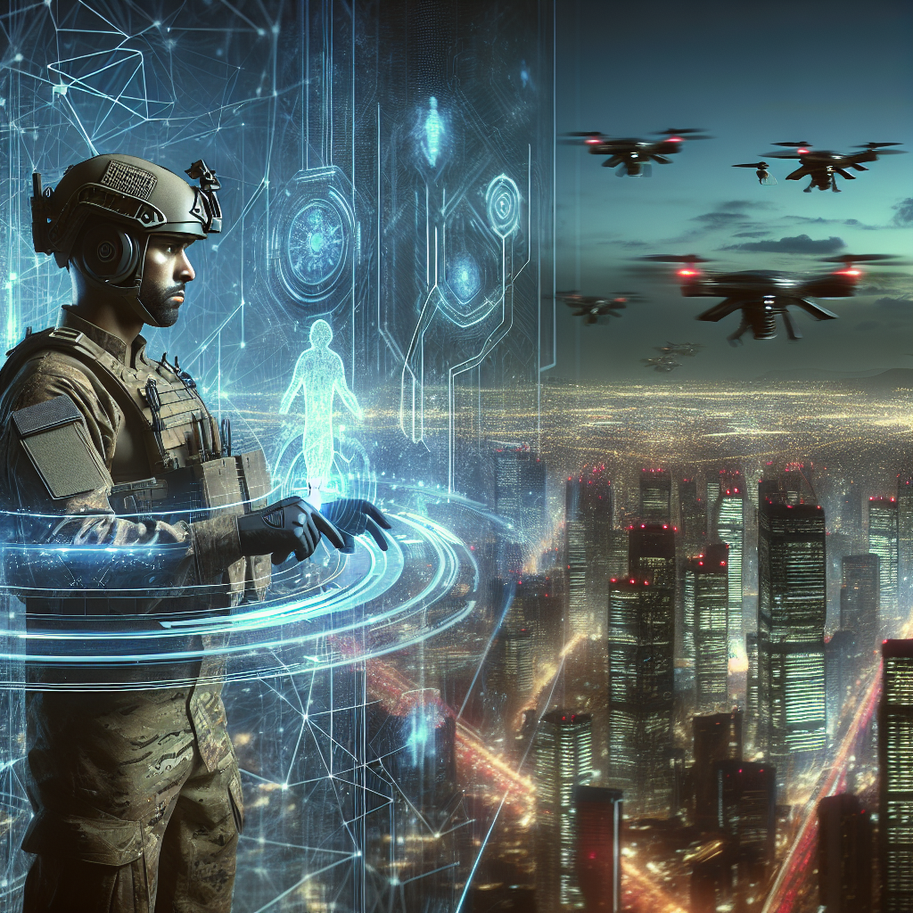 A digital illustration depicting the intersection of technology and warfare, showing a futuristic soldier using spatial computing technology on a holographic interface against a backdrop of a city skyline. It should evoke a sense of both awe and tension, capturing the transformative impact of spatial computing on the future of warfare.
