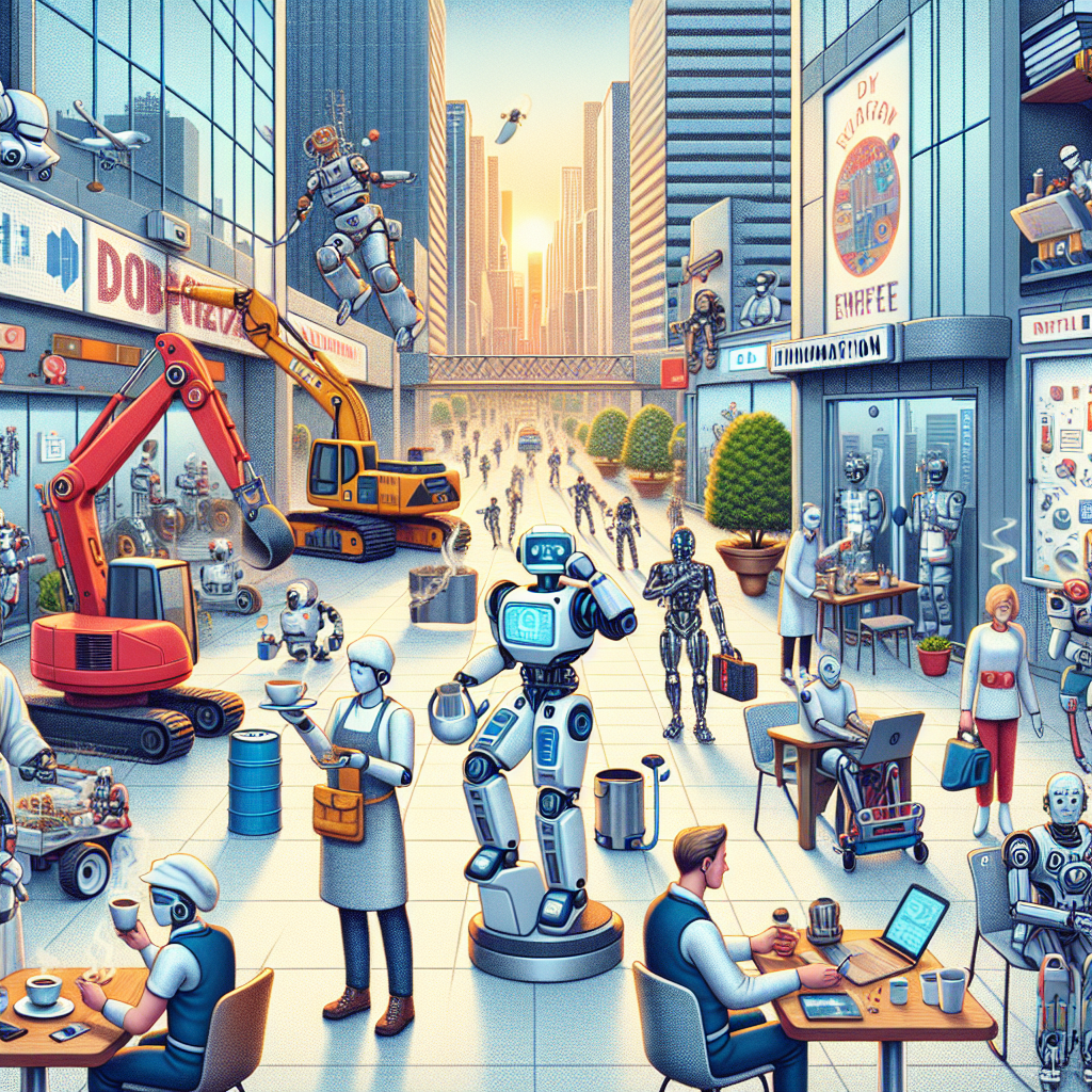A high-resolution digital illustration showcasing a diverse array of robots engaged in various human jobs – from a robot barista preparing coffee and a robot construction worker operating machinery, to a robot teacher in a classroom and a robot nurse caring for a patient. The scene should be bustling with activity, emphasizing the robots' integration into everyday human tasks, with a cityscape in the background to signify the widespread adoption of these technologies in urban life. The image should have a slightly futuristic feel while still being relatable to the present day.