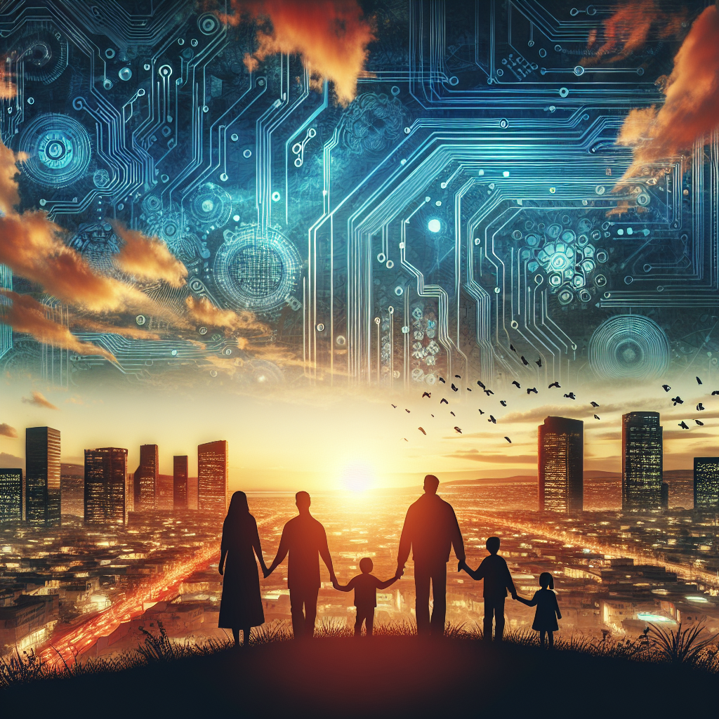 A dramatic digital illustration showcasing a silhouette of a family holding hands, standing on a hill as they look out over a sprawling cityscape where traditional buildings are intertwined with advanced, futuristic structures. The sky above is a mosaic of circuitry and silicon patterns, hinting at a dominance of technology in the everyday life of humans, with the setting sun casting a warm glow that fades into the artificial ambiance.