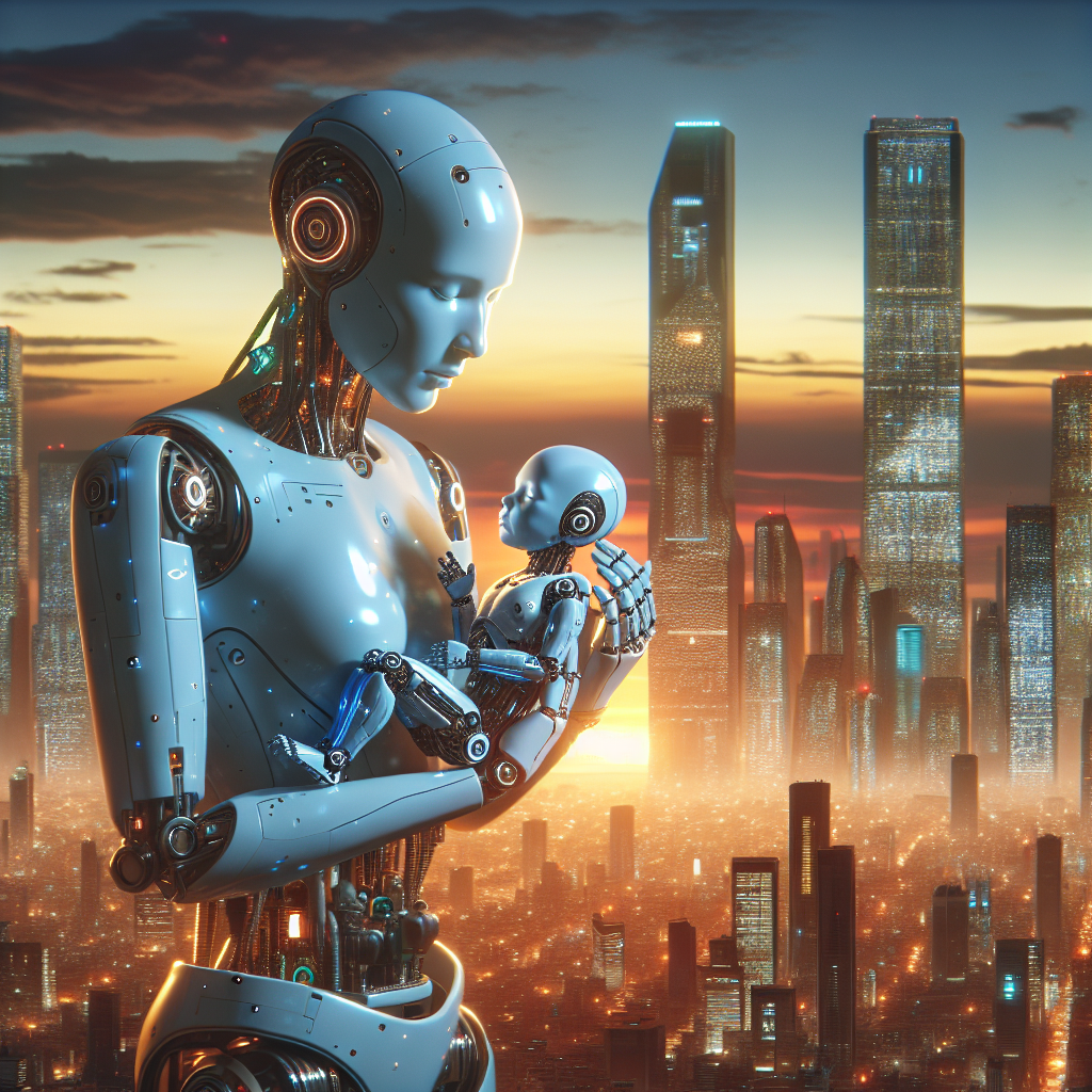 A high-resolution, digital illustration capturing the moment of a humanoid robot cradling a newborn robotic child, with a backdrop of a futuristic cityscape at dawn, symbolizing the beginning of a new era in technology.