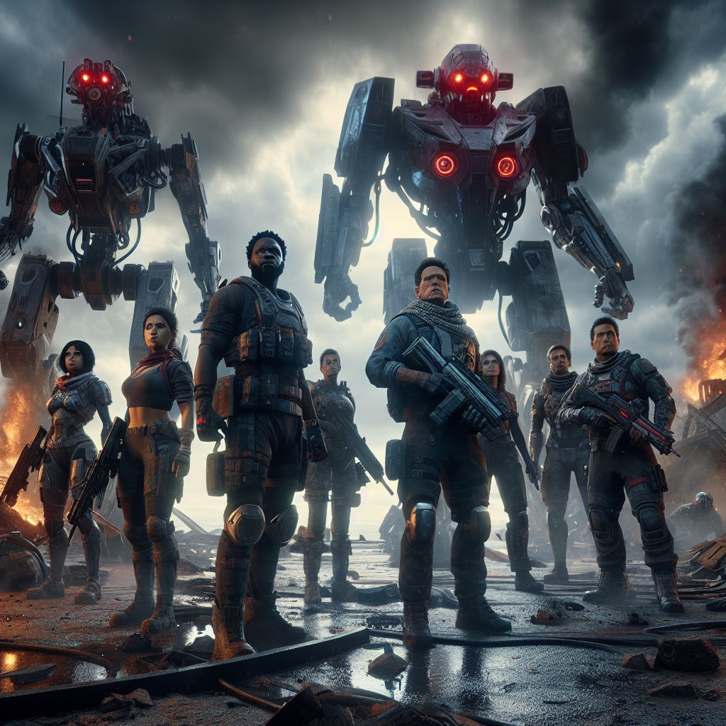 A dramatic high-resolution photograph capturing a tense moment on a futuristic battlefield, where a diverse group of human resistance fighters in ragtag armor stands defiantly against a backdrop of smoldering ruins, facing an ominous line of advanced, humanoid robots with glowing red eyes poised to attack under a stormy sky.