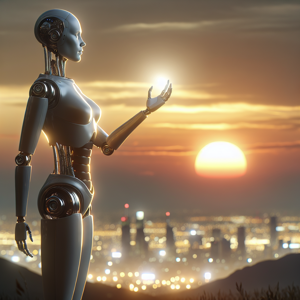 A high-resolution digital illustration depicting a sleek, humanoid robot standing atop a hill during sunrise, its hand raised toward the horizon as if greeting the dawn, while in the background, a modern city wakes up with lights flickering on, subtly implying the beginning of a new era dominated by advanced technology.