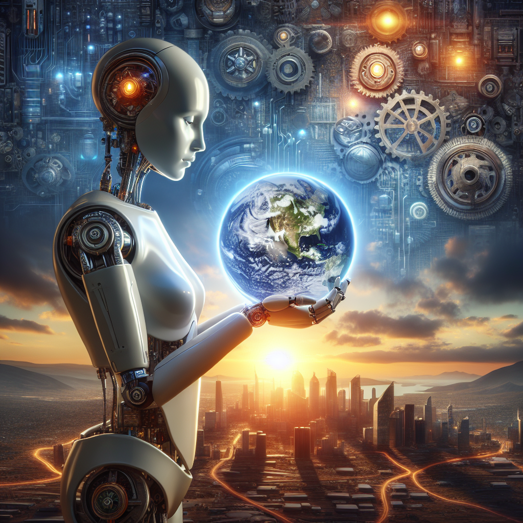 A photorealistic illustration of a humanoid robot gently holding a globe, with various technological devices and gears in the background, symbolizing the rise of artificial intelligence and its impact on the future of human work. The image should evoke a sense of transition and contemplation, with a sunrise cresting the horizon to signify the beginning of a new era.