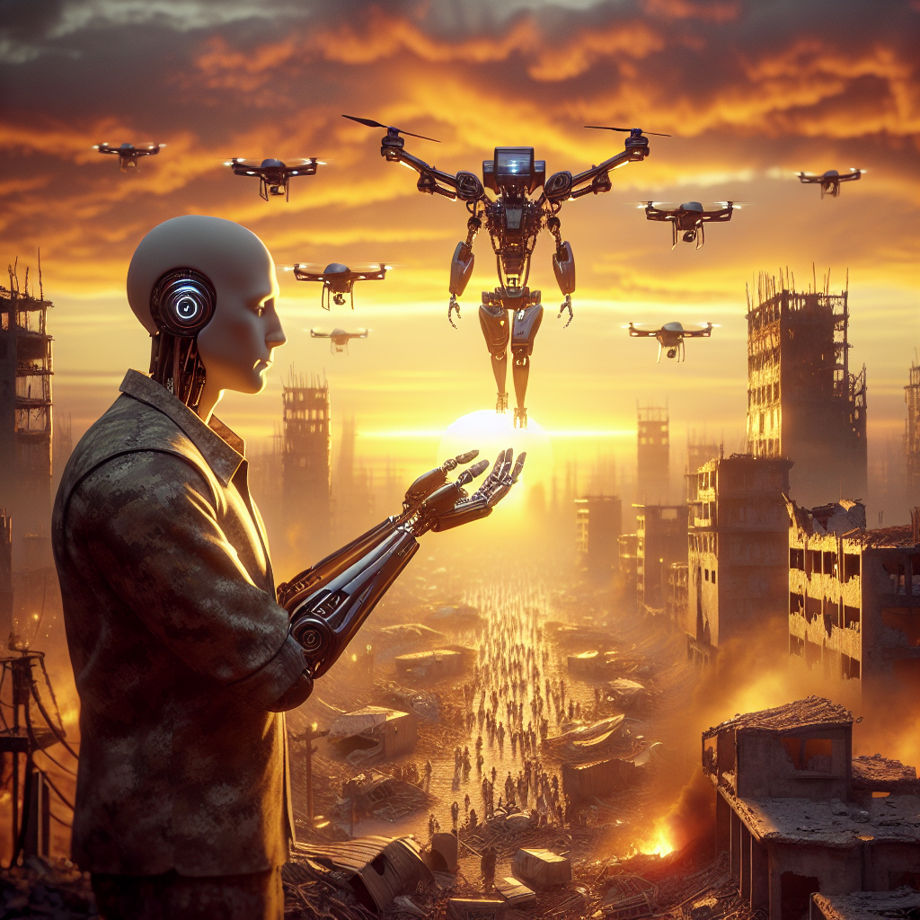 A high-resolution photograph capturing a humanoid robot tenderly holding the hand of a soldier in a war-torn cityscape, with the warm glow of sunset in the background and a sea of drones flying overhead, symbolizing the juxtaposition of affection and conflict in the era of advanced technology.
