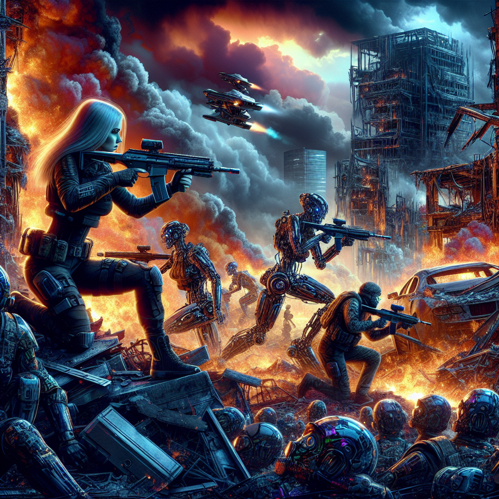 A dramatic digital illustration depicting a tense moment on a futuristic battlefield, with human soldiers taking cover behind debris as they face off against advanced robots amidst the ruins of a city, with smoke billowing and the glow of fires casting an ominous light on the chaos.