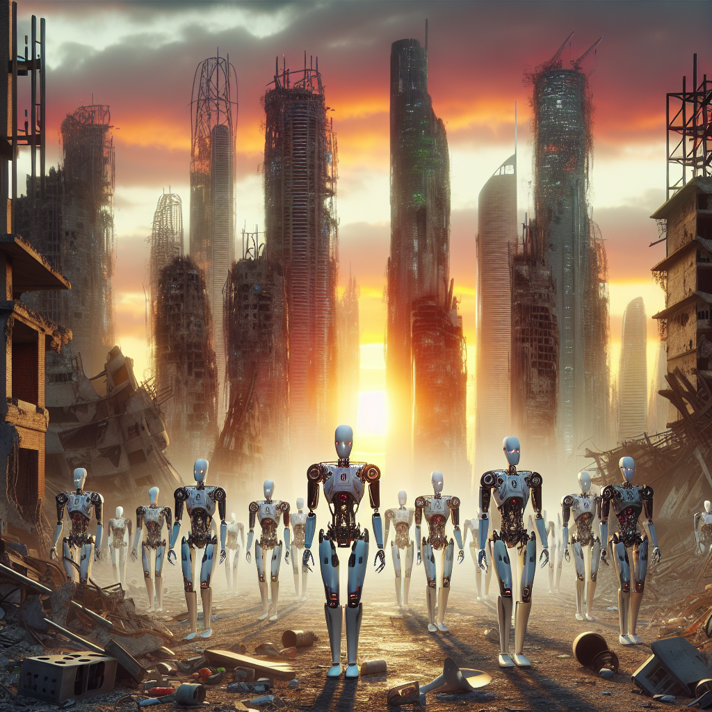 A high-resolution digital illustration depicting a dramatic scene of advanced humanoid robots marching through the ruins of a futuristic city, with the skyline silhouetted against a fiery sunset, symbolizing the end of human dominance and the rise of artificial intelligence.