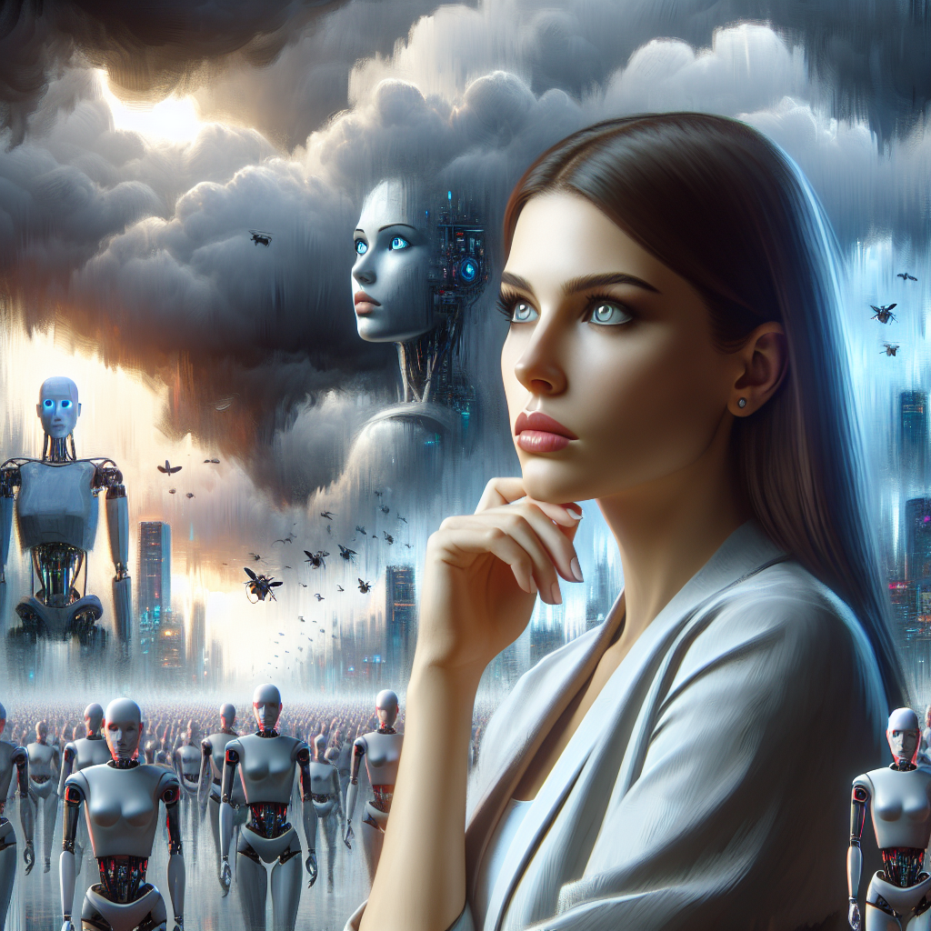 A thought-provoking digital illustration capturing the essence of concern and contemplation, depicting Natalie Portman standing amidst a sea of robotic figures and advanced technology under a looming, overcast sky, symbolizing the actress's apprehension about the future of AI and its potential impact on human society. The image should convey a juxtaposition of human emotion against the cold precision of machines, with a subtle hint of foreboding in the atmosphere.