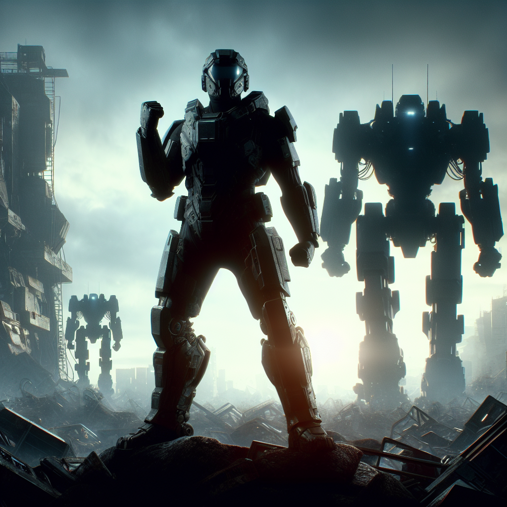 A high-resolution, impactful photograph capturing the dramatic moment of a human soldier in futuristic armor standing defiantly with a raised fist against a backdrop of towering, menacing robots advancing through a war-torn cityscape, symbolizing the struggle and resilience of humanity.