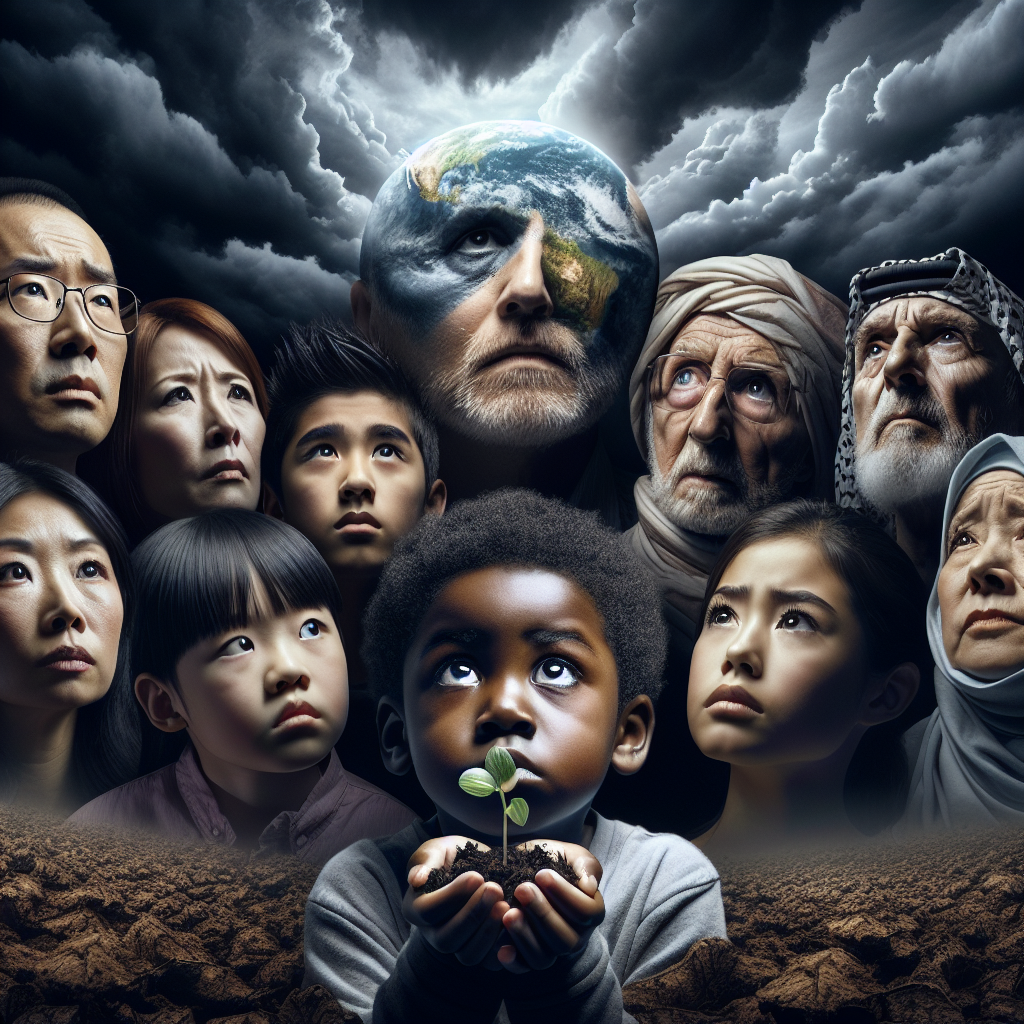 A dramatic high-resolution image depicting a diverse group of people from various walks of life looking up at the sky with a mix of hope, determination, and concern, as dark storm clouds loom overhead, symbolizing the challenges facing humanity. The foreground should show a young child holding a small plant sprouting from parched earth, representing future generations and the fight for a better world amidst uncertain times.