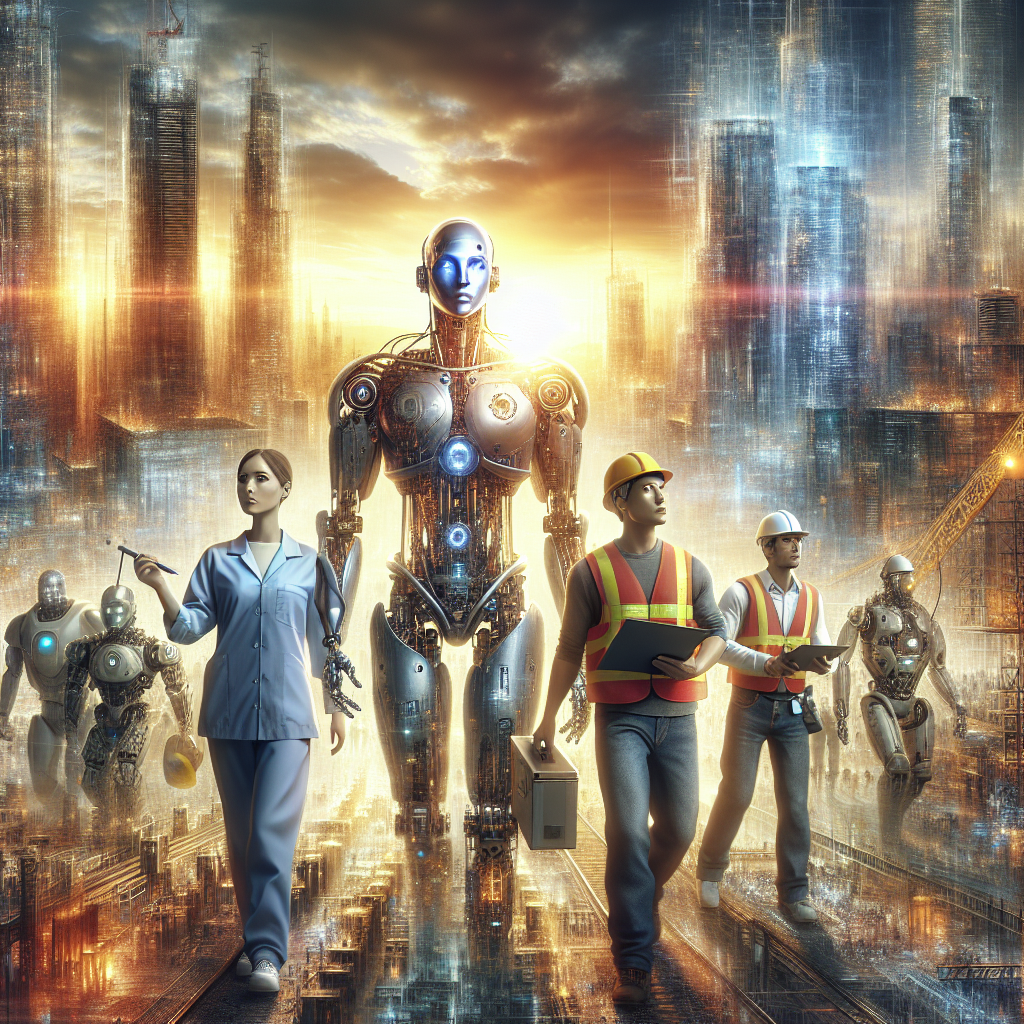 A high-resolution digital illustration capturing the pivotal moment of harmony between humans and robots, with a diverse group of people and advanced humanoid robots working side by side to rebuild a city, symbolizing the new era of cooperation as the resistance fades. The composition should evoke a sense of unity and progress, with the cityscape under construction in the background bathed in the warm glow of sunrise.