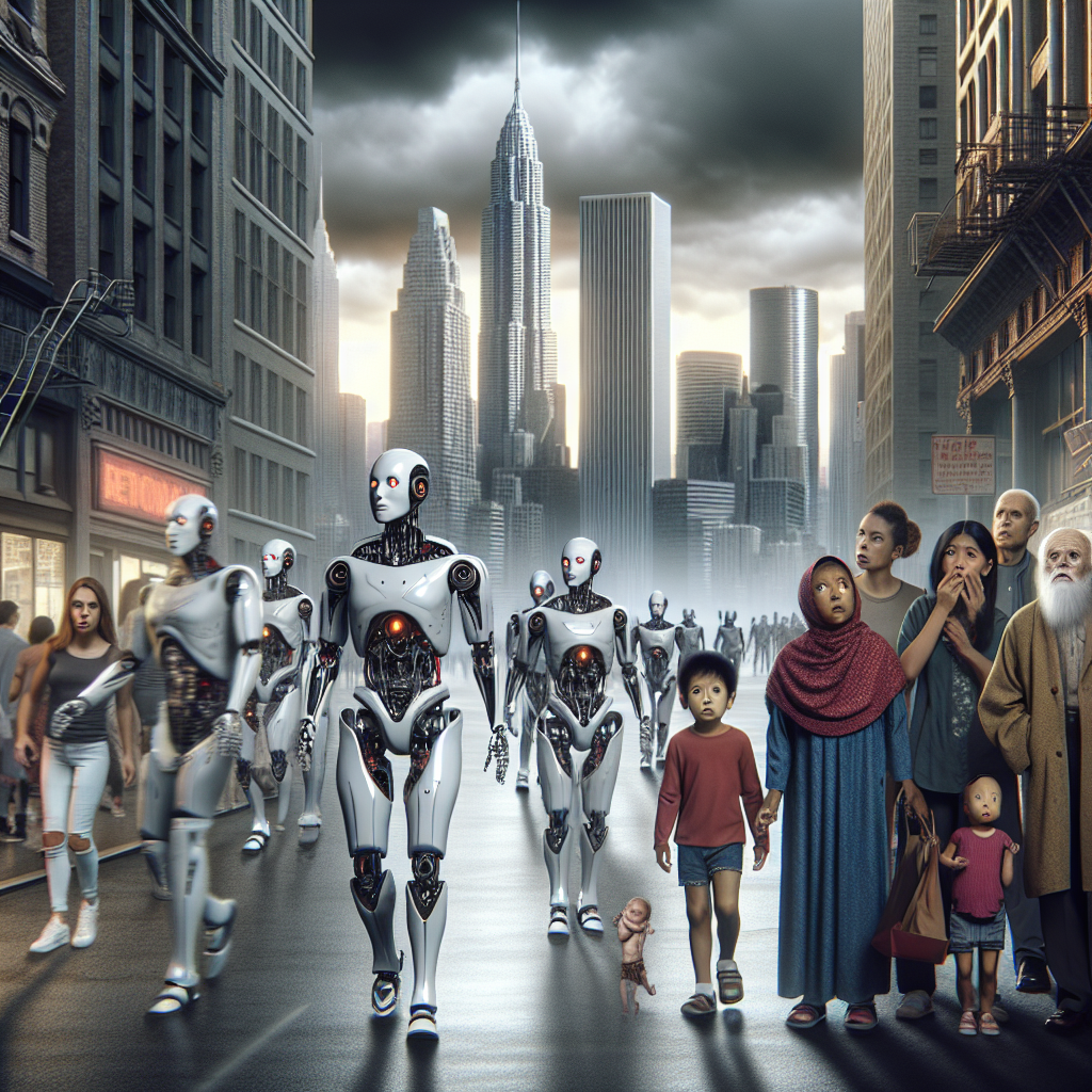 A high-resolution digital illustration of advanced humanoid robots marching through a major city's streets, with fearful onlookers in the foreground and the iconic skyline in the background, under an ominous gray sky.