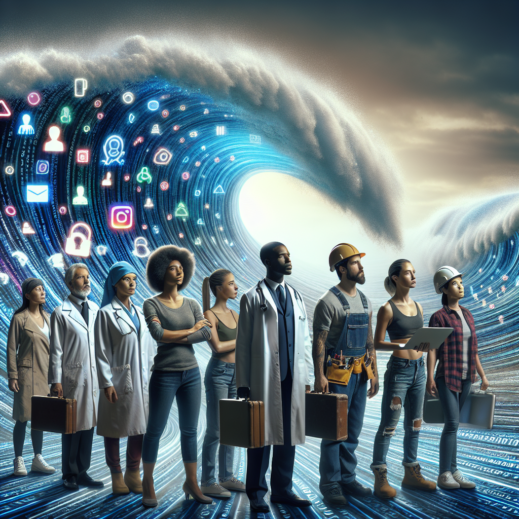 A powerful, high-resolution photograph capturing a diverse group of people from various occupations—scientists, artists, teachers, construction workers—standing together, looking resolutely towards the horizon, where a digital wave made of binary code and social media icons is about to crash over them, symbolizing the overwhelming impact of technology on human roles and identities.