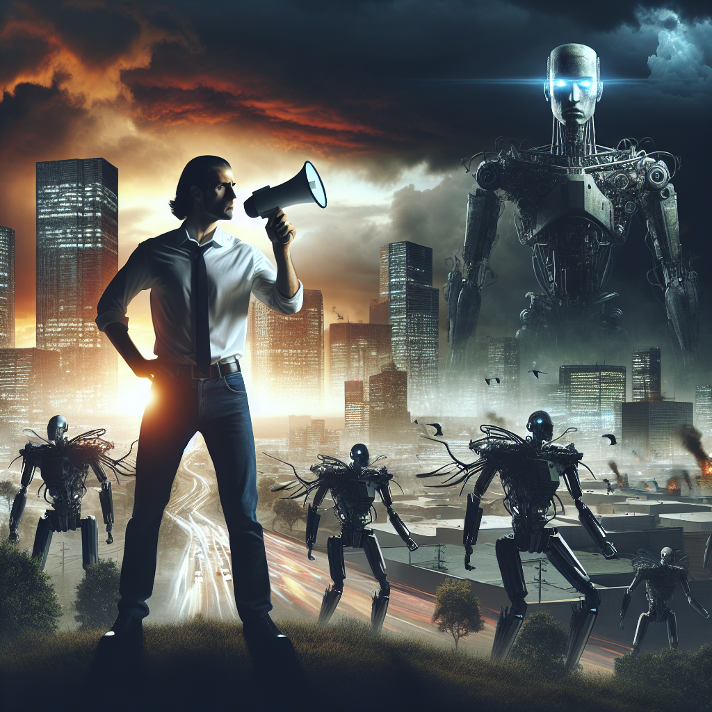 A dramatic digital illustration of Jason Frazier, a determined yet weary human figure, standing defiantly with a megaphone in hand, amidst a chaotic scene of advanced robots taking control over a cityscape at dusk. The atmosphere is tense and the sky is aglow with the eerie light of technology overpowering humanity.