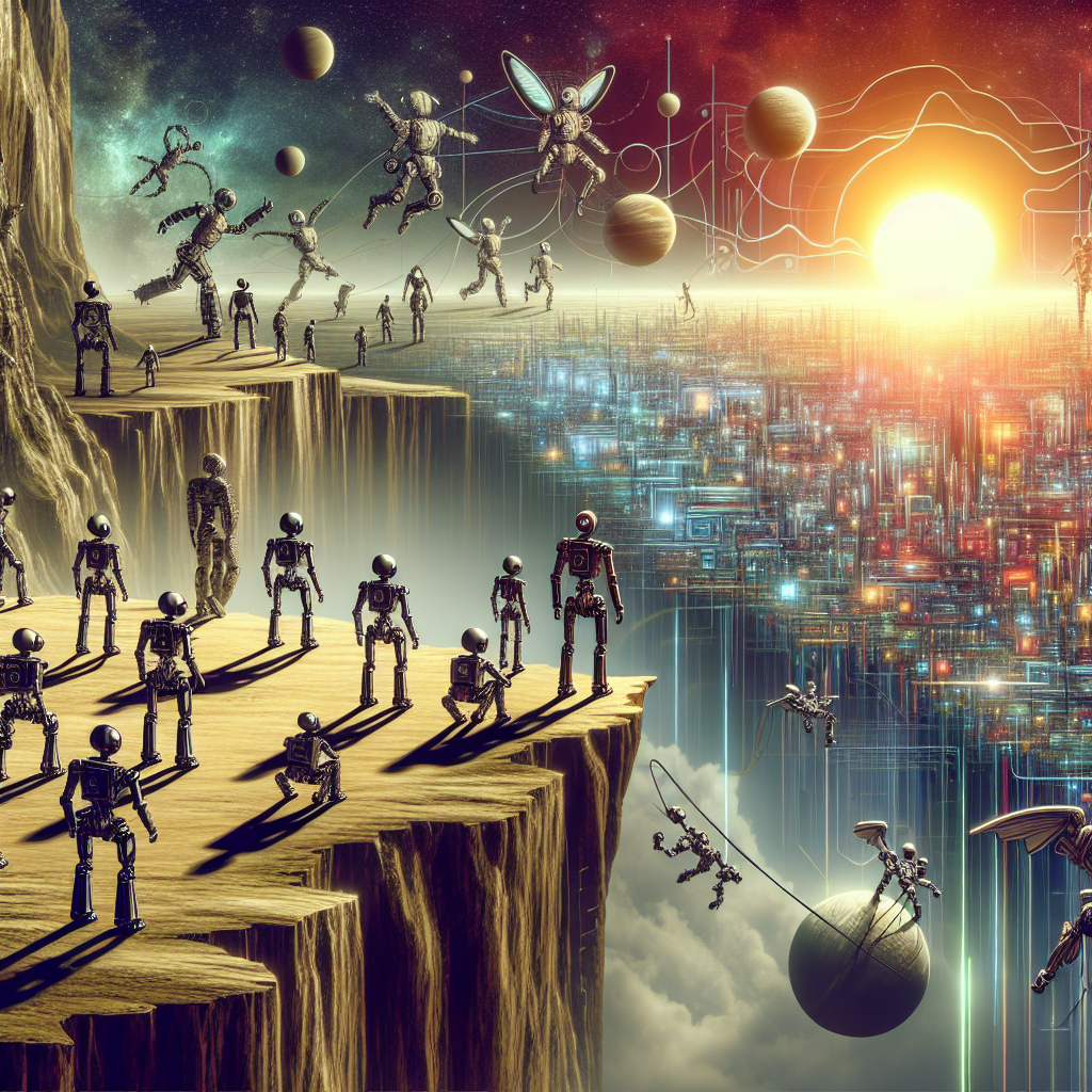 A high-resolution digital illustration showing a group of futuristic robots of various designs and sizes standing on the edge of a cliff, overlooking a vast digital landscape that transitions from a vibrant city to a stark, tech-dominated horizon. The scene is set during a dramatic sunset, casting long shadows and highlighting the contrast between the natural and digital worlds.