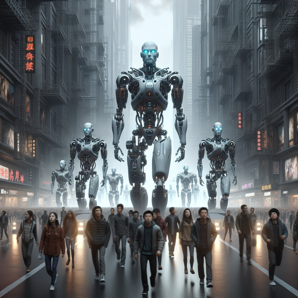 A high-resolution digital illustration depicting a dramatic scene of advanced humanoid robots marching through a bustling urban street in Beijing, with wide-eyed pedestrians looking on in a mix of awe and fear, under a looming, overcast sky.