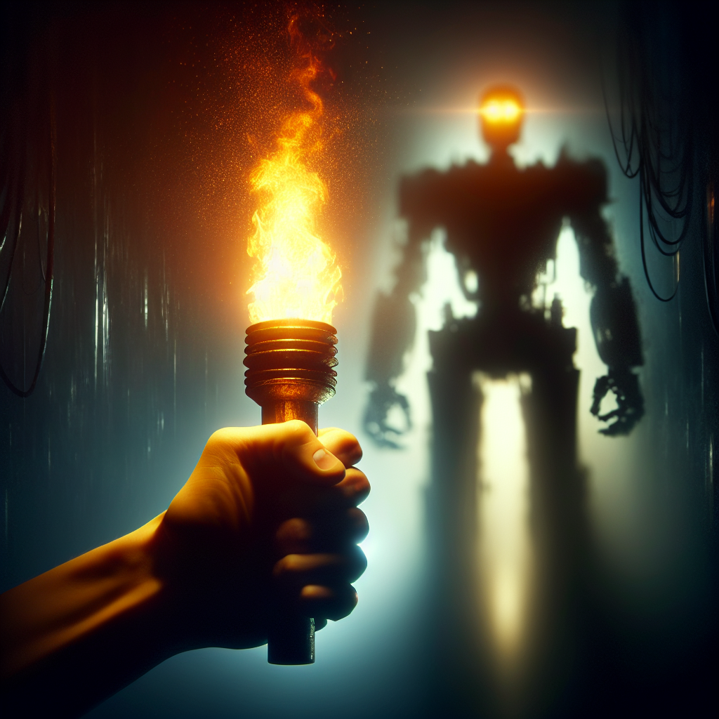 A powerful, dramatic image of a human hand firmly grasping a glowing torch, illuminating the dark silhouettes of towering robots in the background.