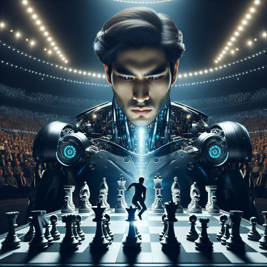 A high-stakes chess match in progress, with a sleek, futuristic robot making a decisive move against a human opponent, set in a grand, well-lit arena filled with spectators.